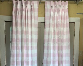 Main rose Buffalo Check Curtains-Standard Pinch Pleat Detail-Lined Curtains-Single Width Pink Check Panels-One Pair