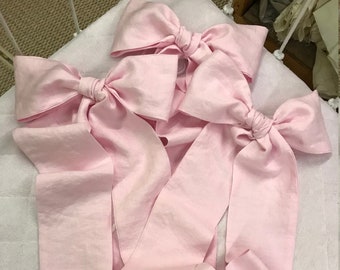3 Crib Bows in Petal Pink----Pre-Tied Crib Bows with Long Sashes-Baby Girl Bedding in Washed Linen