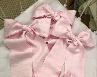 3 Pre-Tied Crib Bows in Washed Linen Crib Skirt-Storybook Crib Skirt-Optional Ruffled Crib Pillow-Baby Bedding in Washed Linen