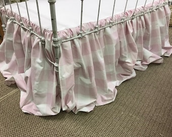 Pink Buffalo Check Gathered Crib Skirt-Buffalo Plaid Crib Skirt-Pink Check Crib Skirt