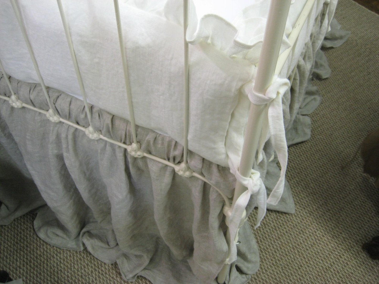 Washed Linen Ruffled Crib Bedding With Bow Separates Etsy