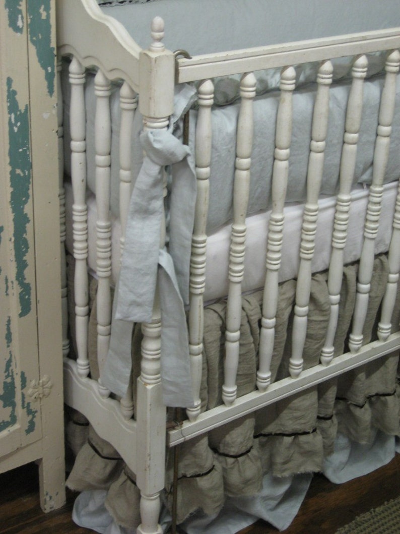Torn Ruffle Linen Nursery Bedding with Velvet TrimColor Etsy