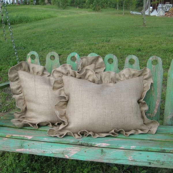 Pair of Ruffled Standard Pillow Shams in Natural Burlap