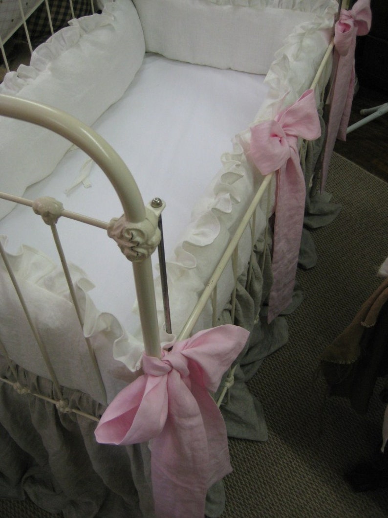 Washed Linen Ruffled Crib Bedding With Bow Separates Etsy