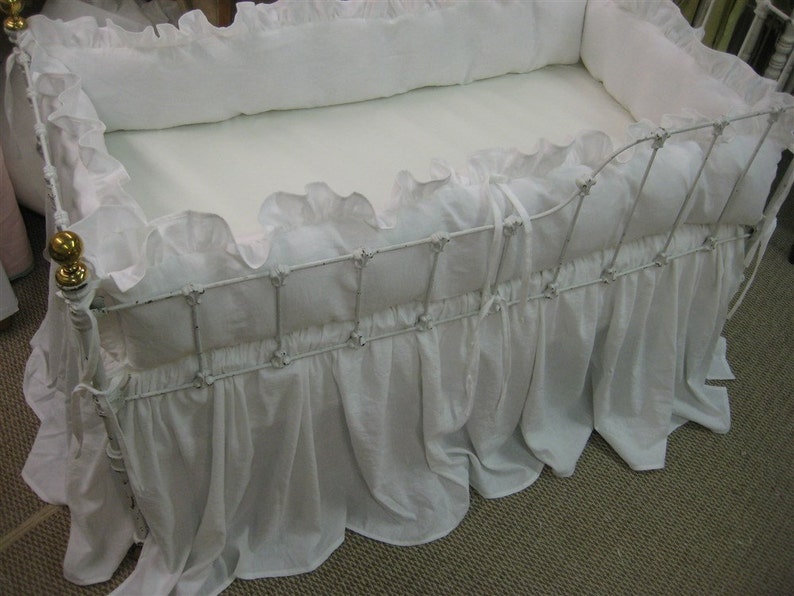 Bright White Washed Linen Crib Beddingruffled Etsy