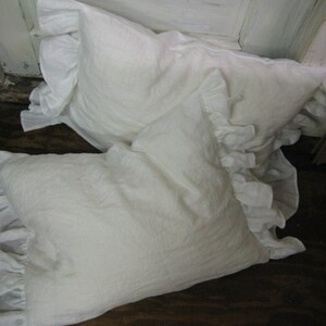 Pair of Side Ruffle Pillow Shams Washed Vintage White Linen 2 Shams-One Pair of Washed Linen Side Ruffle Shams in Your Size Choice image 5