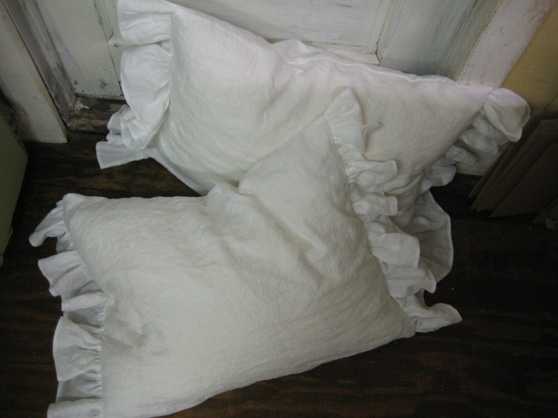 Pair of Side Ruffle Pillow Shams Washed Vintage White Linen 2 Shams-One Pair of Washed Linen Side Ruffle Shams in Your Size Choice image 5