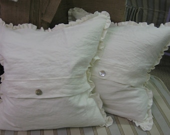 22x22 ButtonBack Ruffled Pillows in Washed Vintage White Linen