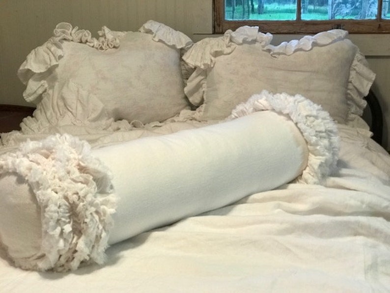 Bright White Washed Linentorn Ruffle Queen Bedding With Etsy