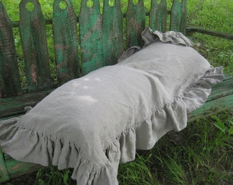 Ruffled Body Pillow Sham in Washed Linen---Pillow Sham with Long Ruffle Trim---Washed Linen Bedding---Body Pillow Sham---Ruffled Pillow Case