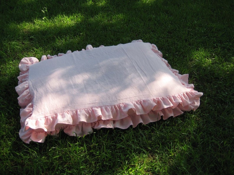 Ruffled Washed Linen Doggie Bed Sham-Puppy Bed Slipcover in Washed Linen-Double Ruffled Edge with Zip Closure-Boxed Style Pet Bed Slip