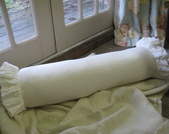 Vintage White Torn Ruffle Large Bolster Sham-Ready to Ship-8 x 36 Bolster Slipcover-Feather/Down Bolster Insert-Large Neckroll Frayed Ruffle
