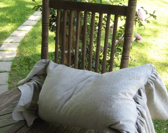 Side Ruffled 16x26 Washed Linen Pillow Sham- Zip Closure- Decorative Sham- Wedding Gift- Housewarming Gift-Romantic Bedding