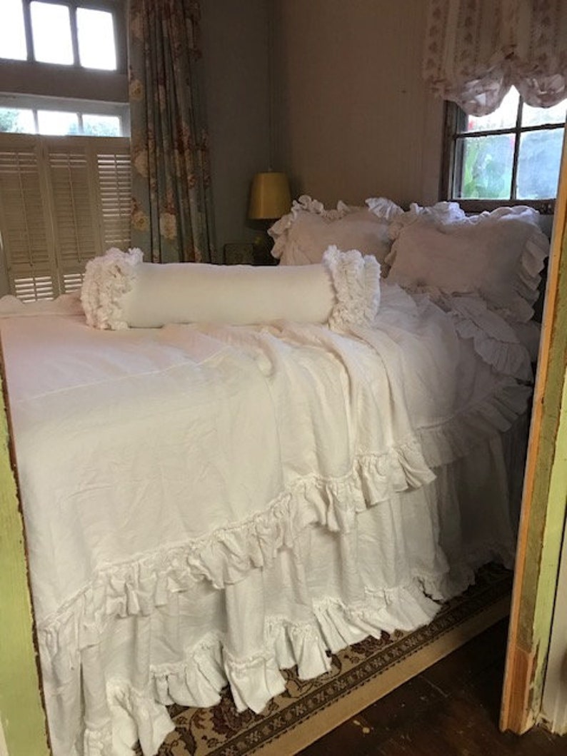 Bright White Washed Linentorn Ruffle Queen Bedding With Etsy