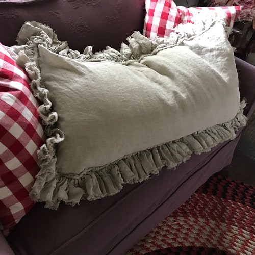Torn Ruffle Pillow Shams---Frayed Edge shops Ruffle Pillow Sham in Washed Linen with Velvet Ribbon Trim Detail