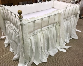 Vintage White Washed Linen Crib Bedding-1" Ruffled Bumpers-Sash Ties-Storybook Crib Skirt-Fitted Crib Sheet