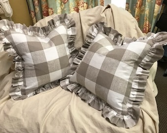 Bufflao Check Washed Cotton Ruffled Pillow Shams-Zip Closure on Each-Made to Order Ruffled Pillows-Your Fabric or Mine-Buffalo Plaid-2 Shams