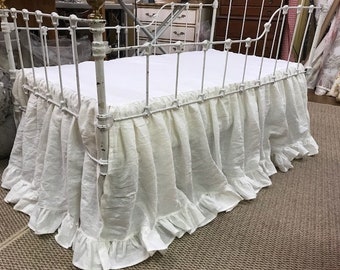 Ruffled Storybook Crib Skirt in Washed Linen-Standard Crib Size Bed Skirt with 3" Ruffled Hem-Romantic Nursery Bedding