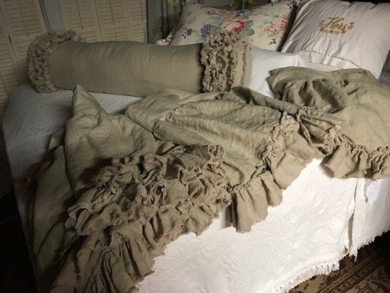 Shabby Ruffled Bolster Pillow-Pebble Torn Washed Linen Multi Ruffle-READY TO SHIP-Romantic Home Decor-Zip Closure-Shabby Ruffled Sham image 3