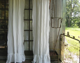 Pair of Ruffled Vintage White Washed Linen Curtains-Rod Pocket Ruffled Curtains-Unlined Curtains-Romantic Ruffled Curtains-Ruffled Panels
