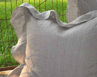 One Washed Linen Euro Sham with 4" Slightly Ruffled Edge----One Pillow Sham-----Single Pillow Sham with Ruffled Perimeter-Zip Closure