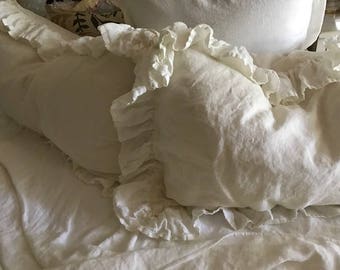 Pair of Washed Linen Long Ruffled King Bed Pillow Shams----Long Ruffled Bed Pillow Shams----King Bed Size Washed Linen----Romantic Linens