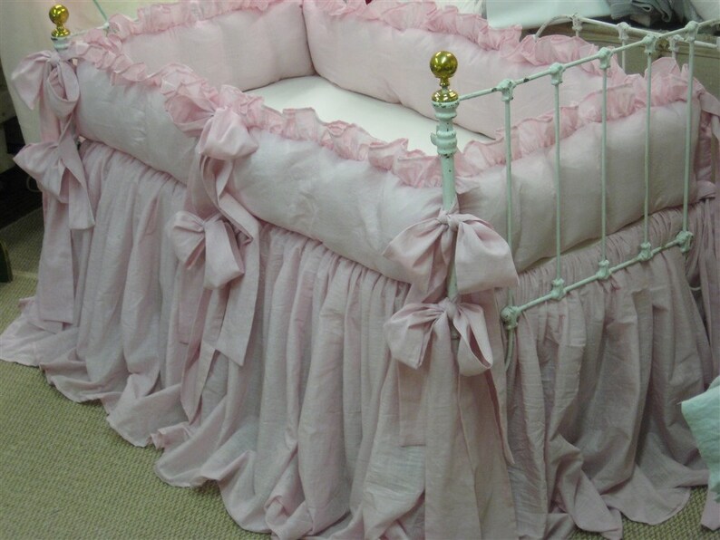 Sheer Pink Washed Linen Ruffled Crib Bedding-OverSized Sash image 1