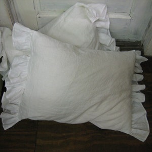 Pair of Side Ruffle Pillow Shams Washed Vintage White Linen 2 Shams-One Pair of Washed Linen Side Ruffle Shams in Your Size Choice image 4