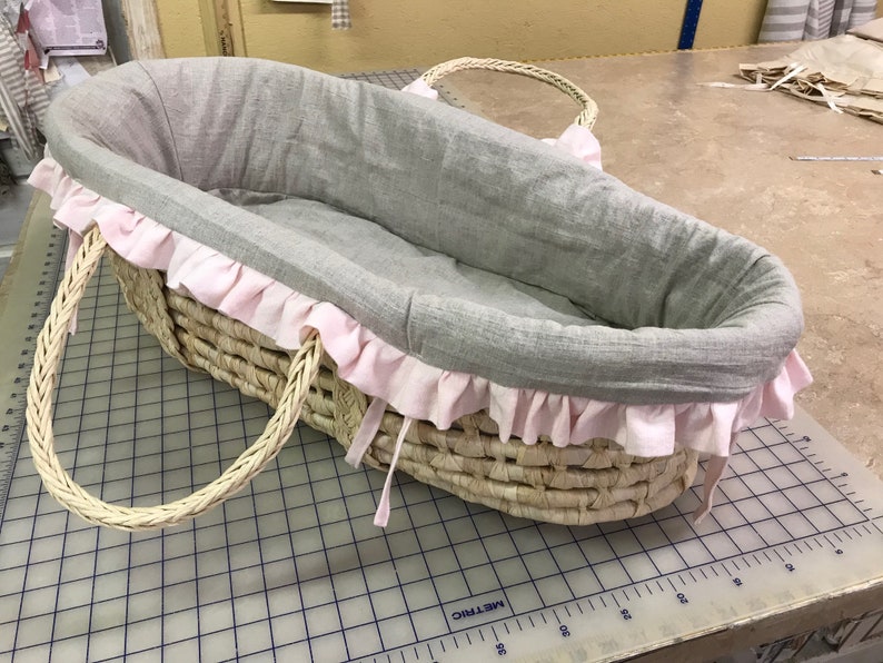 Moses Basket Liner in Oatmeal Washed Linen with Soft Pink Etsy