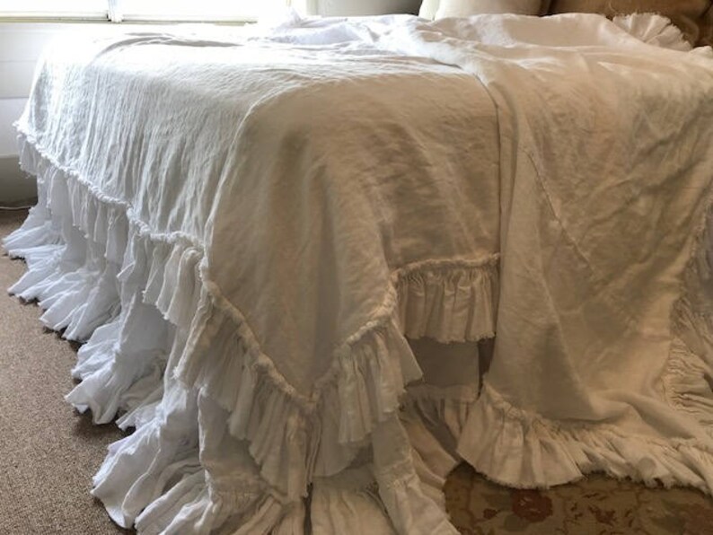 White Ruffled Linen Bedding White Linen Bed Spread White Etsy
