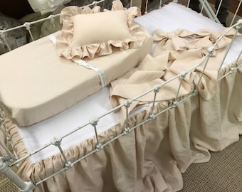 Nursery Linens in Heirloom Pink Washed Linen-Crib Skirt-2 Crib Bows-4 Curtain Bows-Crib Pillow