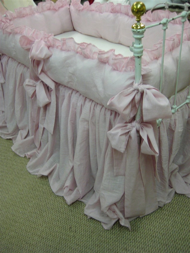 Sheer Pink Washed Linen Ruffled Crib BeddingOverSized Sash Etsy