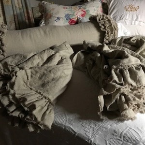 Shabby Ruffled Bolster Pillow-Pebble Torn Washed Linen Multi Ruffle-READY TO SHIP-Romantic Home Decor-Zip Closure-Shabby Ruffled Sham image 4