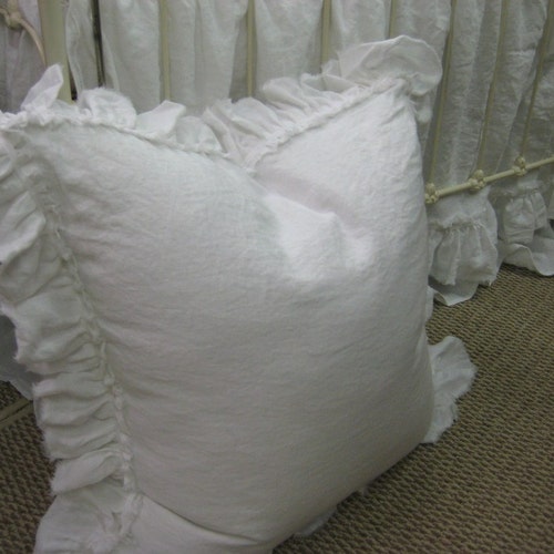 Torn Ruffle Pillow Shams---Frayed Edge shops Ruffle Pillow Sham in Washed Linen with Velvet Ribbon Trim Detail