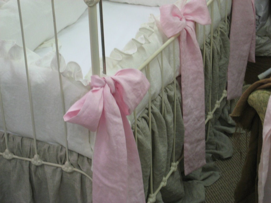 Washed Linen Ruffled Crib Bedding With Bow Separates Etsy