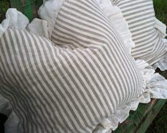 Natural Flax and Cream Stripe Washed Linen Bed Pillow Shams-One Pair-Ruffled Pillow Shams-Linen Stripe Pillows