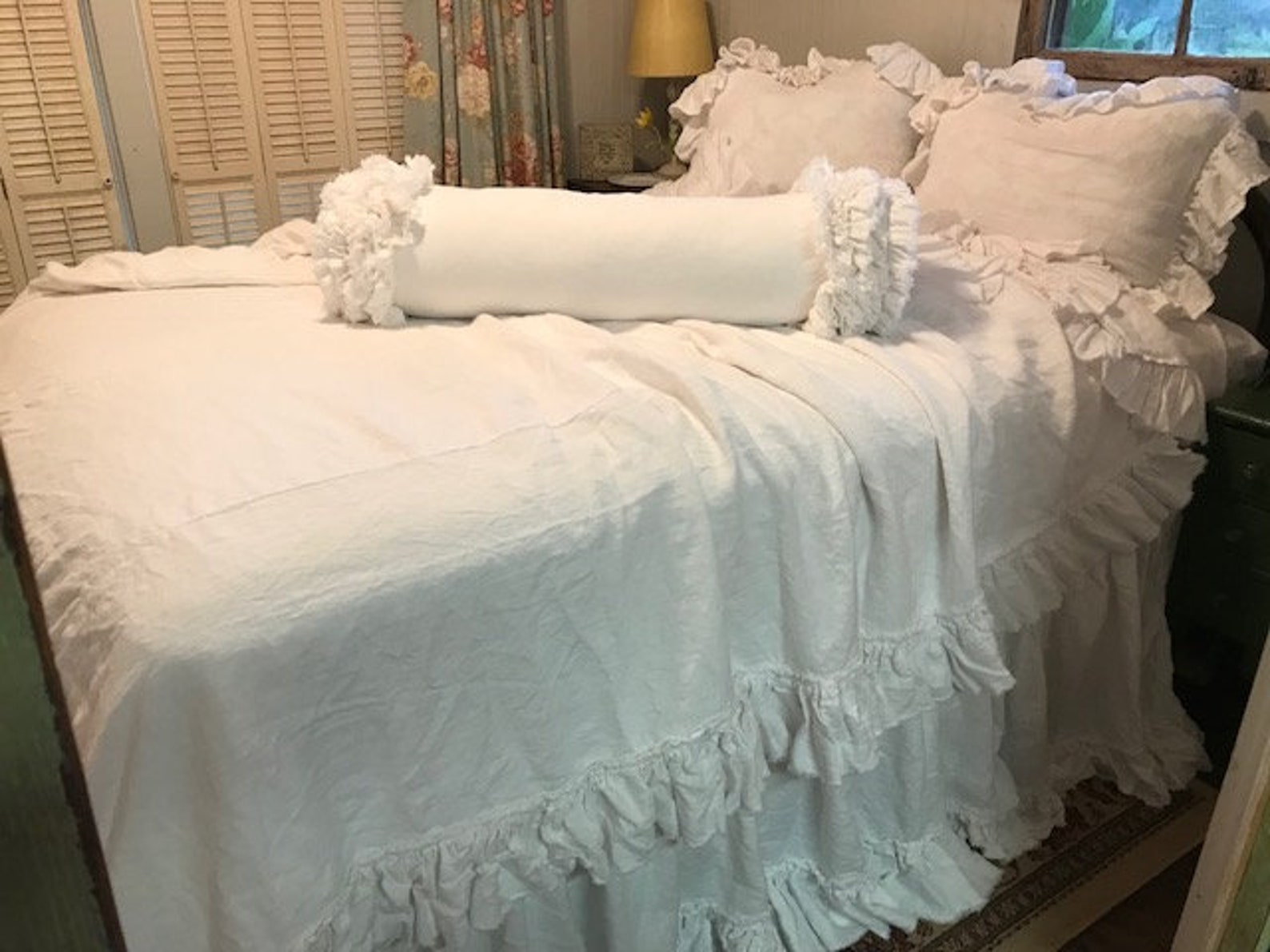 Bright White Washed Linentorn Ruffle Queen Bedding With Etsy
