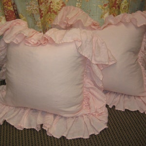 Washed Linen -Pair of Long Ruffled Pillow Shams-- Zip Closure- Long Ruffles - Made to Order Ruffled Pillow Shams-Baby Pink Shown in Photos