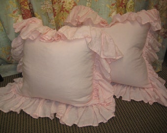 Washed Linen -Pair of Long Ruffled Pillow Shams-- Zip Closure- Long Ruffles - Made to Order Ruffled Pillow Shams-Baby Pink Shown in Photos