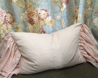 Side Ruffled 16x26 Washed Linen Pillow Sham in Ballet Pink- Zip Closure- Decorative Sham -Wedding Gift- Housewarming Gift-Romantic Bedding