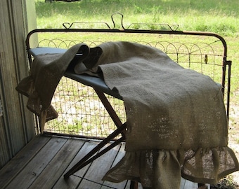 Ruffled Natural Burlap Table Runner---Natural Burlap Self-Lined Table Runner with Long Ruffed Ends-Made to Order Custom Ruffled Table Runner