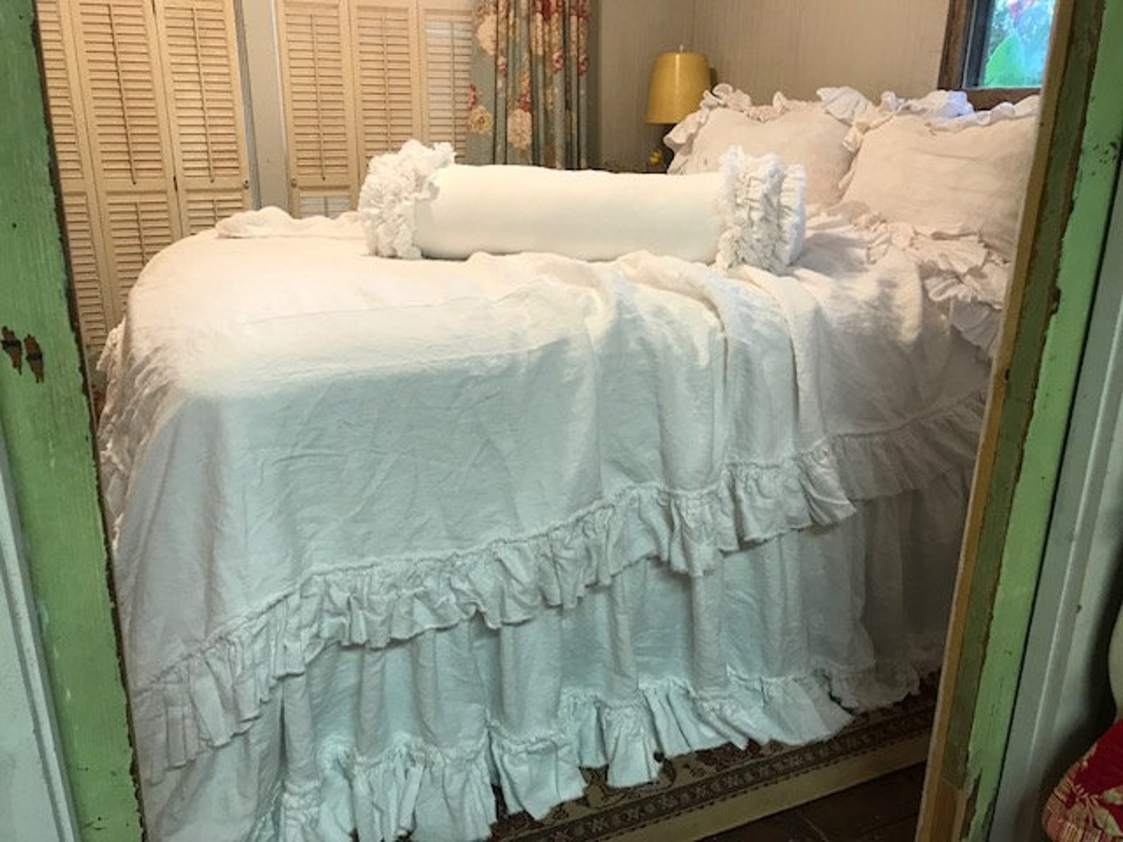 Bright White Washed Linentorn Ruffle Queen Bedding With Etsy