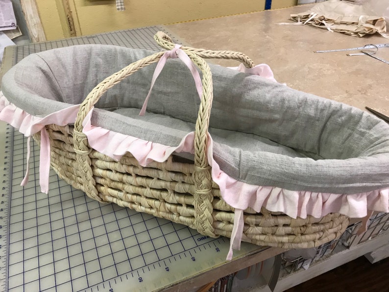Moses Basket Liner in Oatmeal Washed Linen with Soft Pink Etsy