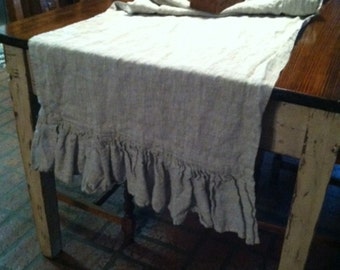 Washed Linen Ruffled Throw or Table Runner---Extra Wide Table Runner---Extra Long Table Runner