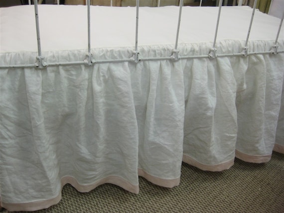 Tailored Crib Bedding in Vintage White and BabyPink Washed Linen-Gathered  Crib Skirt with Hem Detail-2 Pre-Tied Crib Bows