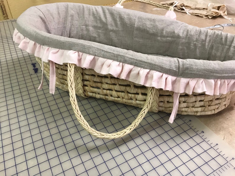 Moses Basket Liner in Oatmeal Washed Linen with Soft Pink Etsy