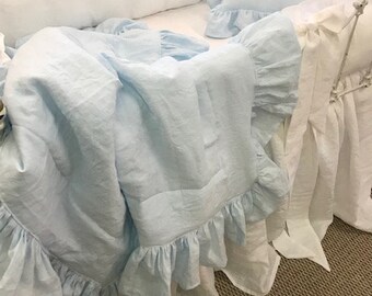 Ruffled Crib Blanket in Washed Linen-Machine Wash and Dry