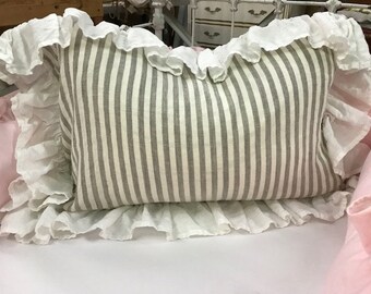 Natural Flax and Cream Stripe Washed Linen Bed Pillow Shams-One Pair-Ruffled Pillow Shams-Linen Stripe Pillows