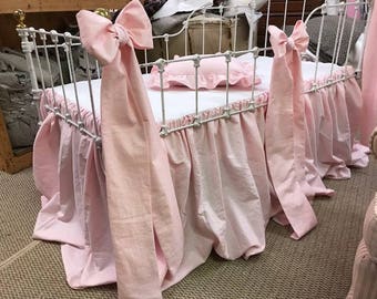 Made to Order-Crib Bedding Separates in Washed Linen-Gathered Crib Skirt-2 or 3 Crib Bows-Ruffled Crib Pillow with Removable Insert