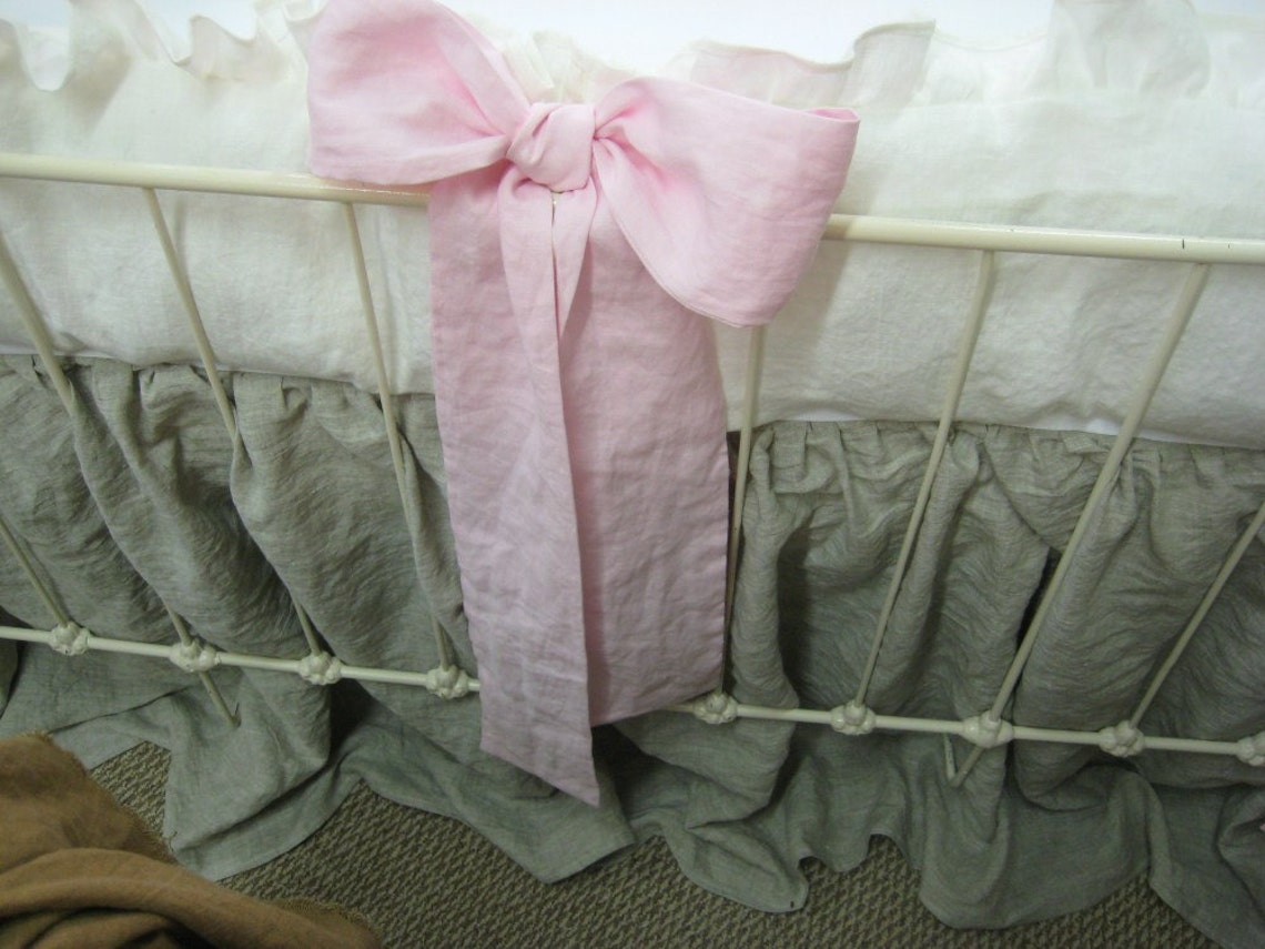 Washed Linen Ruffled Crib Bedding With Bow Separates Etsy